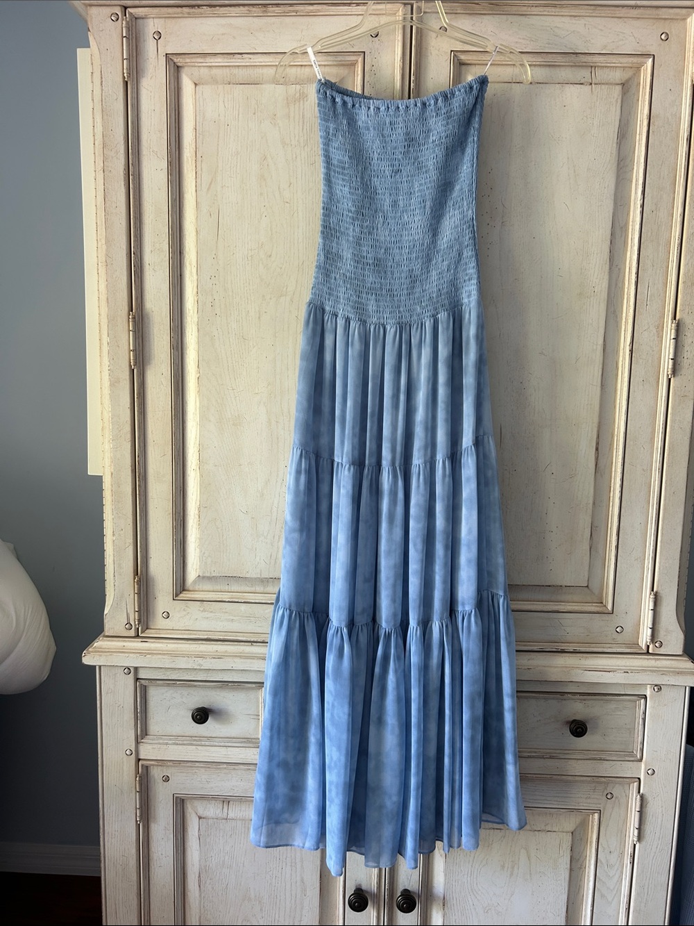 Michael Kors Light Blue Smocked Strapless Tiered Maxi Dress